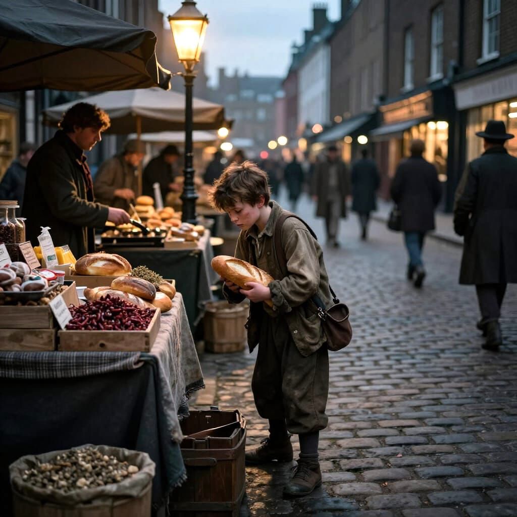 Victorian Boy Steals Bread in London Market