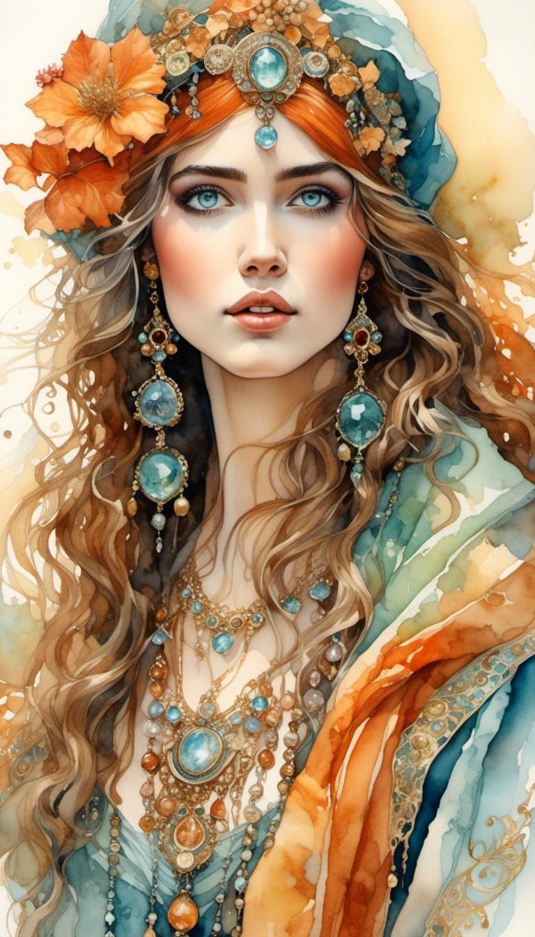 Watercolor Gypsy Portrait Atop Mountain