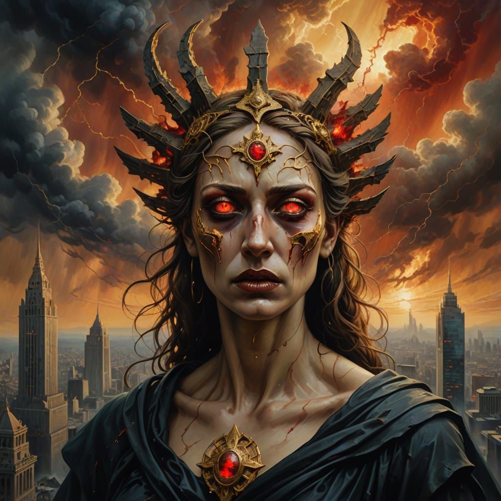 Goddess of Plague over Apocalyptic City in Oil Paint