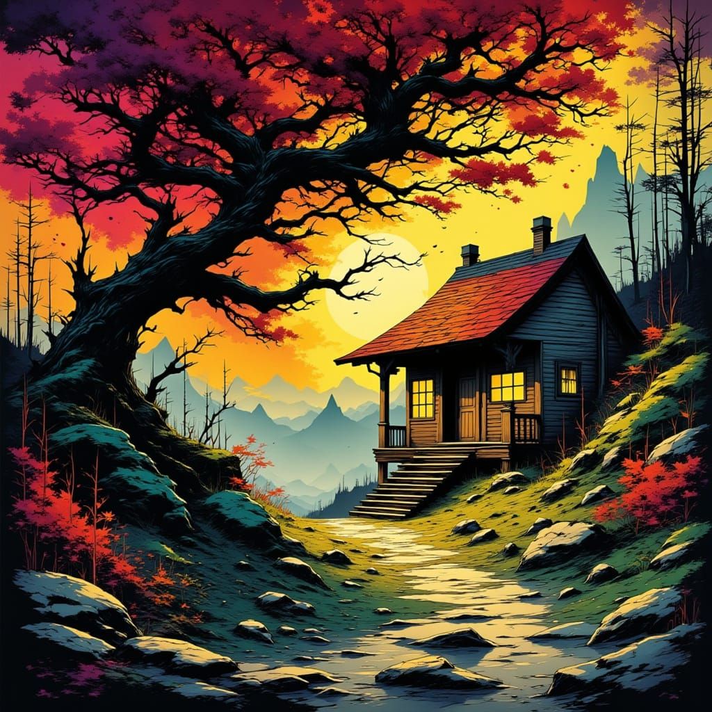 Twisted Oak Tree Beside Rustic Cabin in Autumn