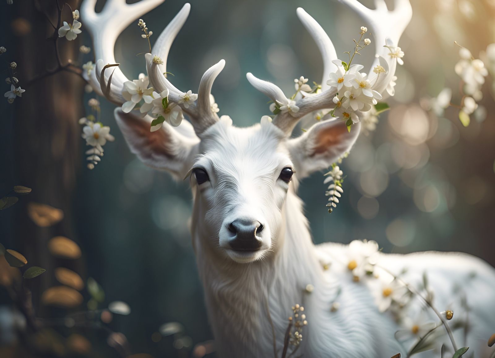 Ethereal White Deer with Floral Antlers Portrait