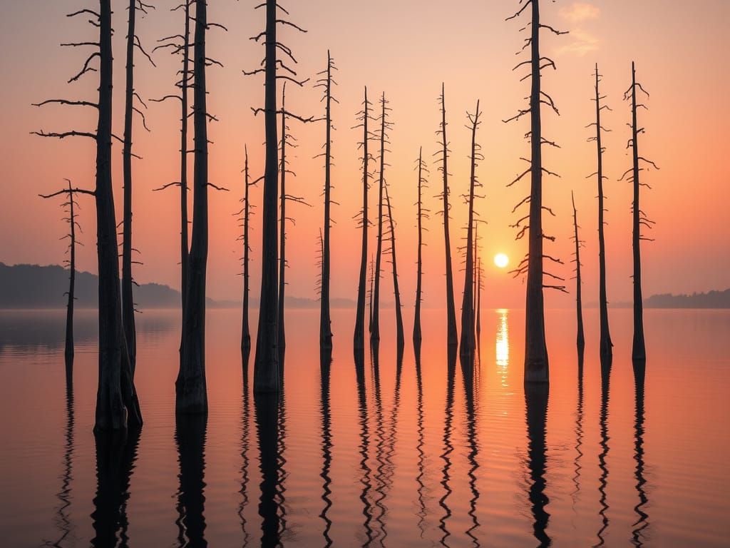Serene Sunset Reflection on Calm Lake