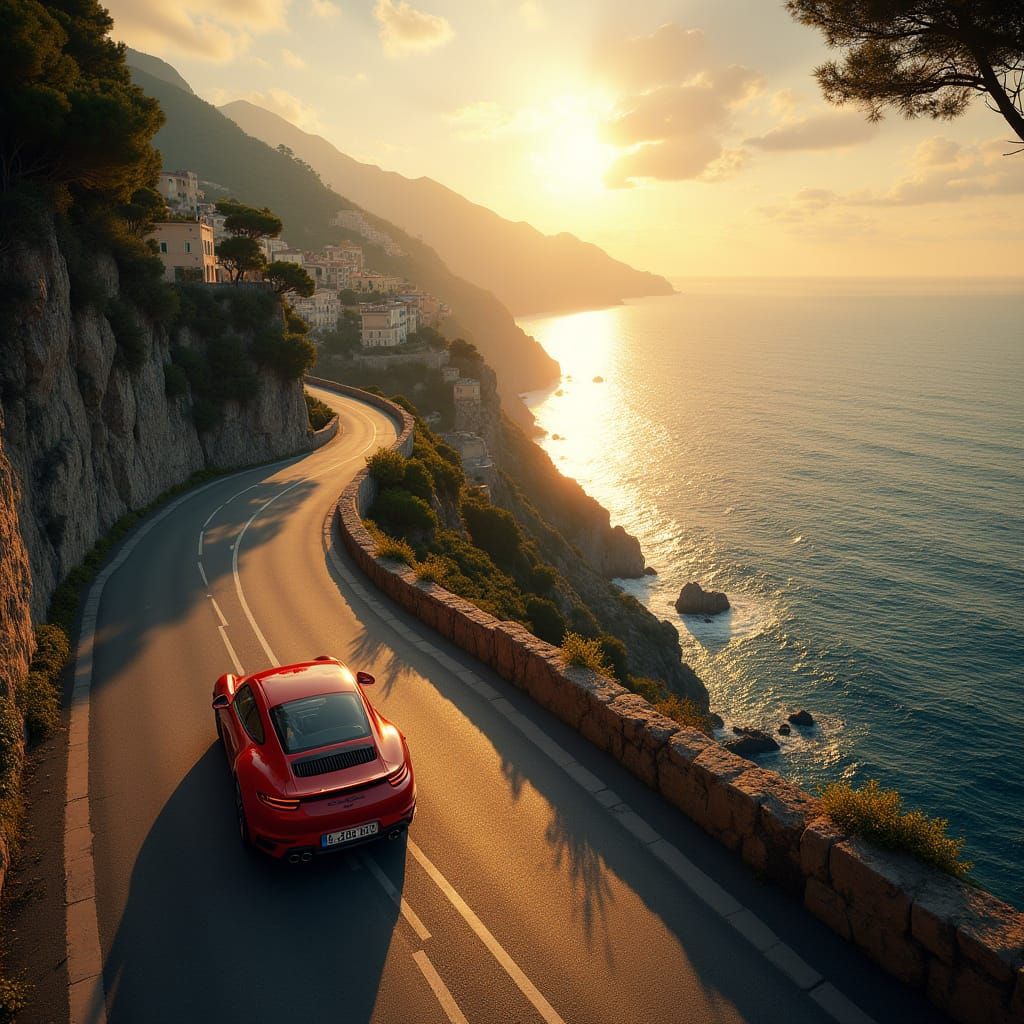 Porsche 911 on Amalfi Coast at Golden Hour