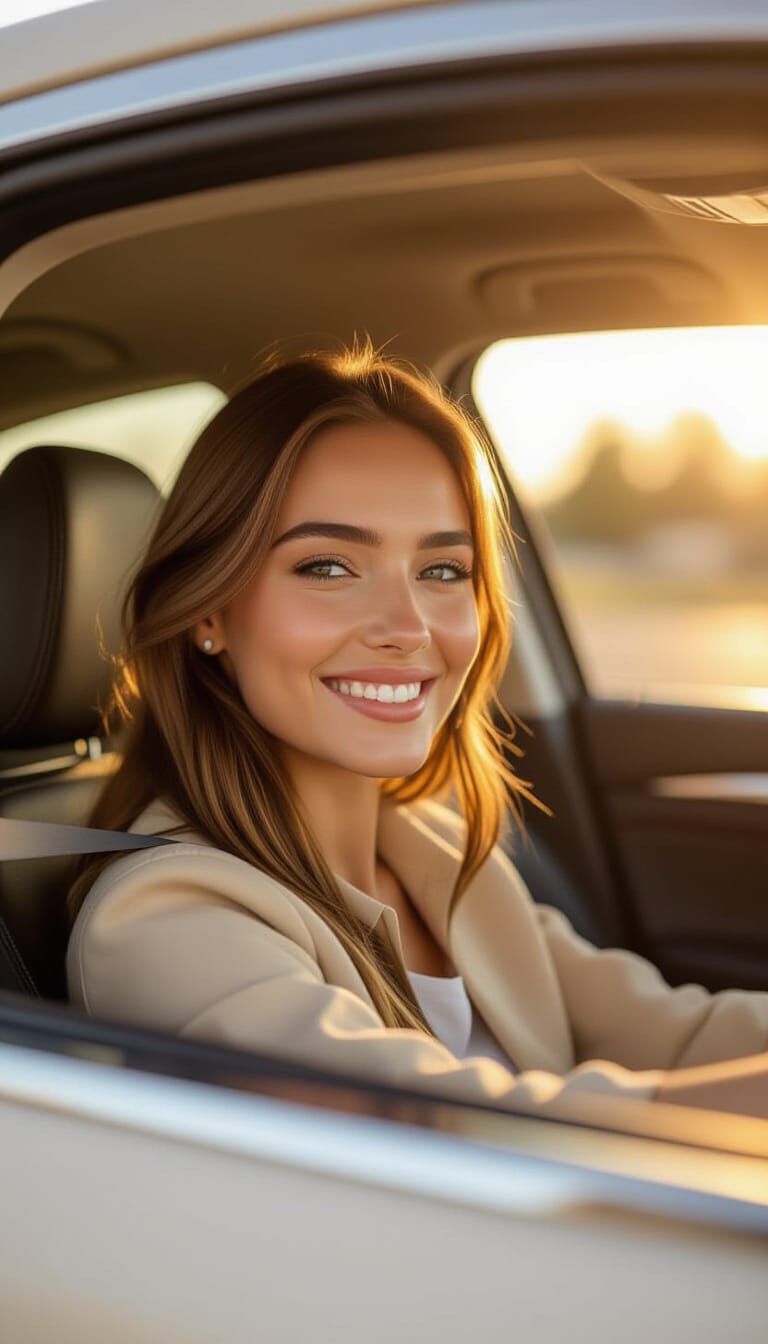 Woman Smiling in Car Backseat, Sunlight View