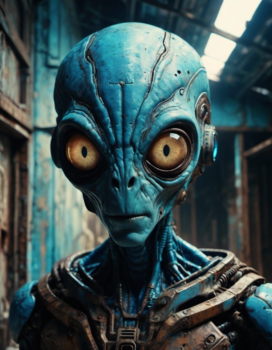 Alien Portrait in Tim Burton Style with Luminous Blue Skin