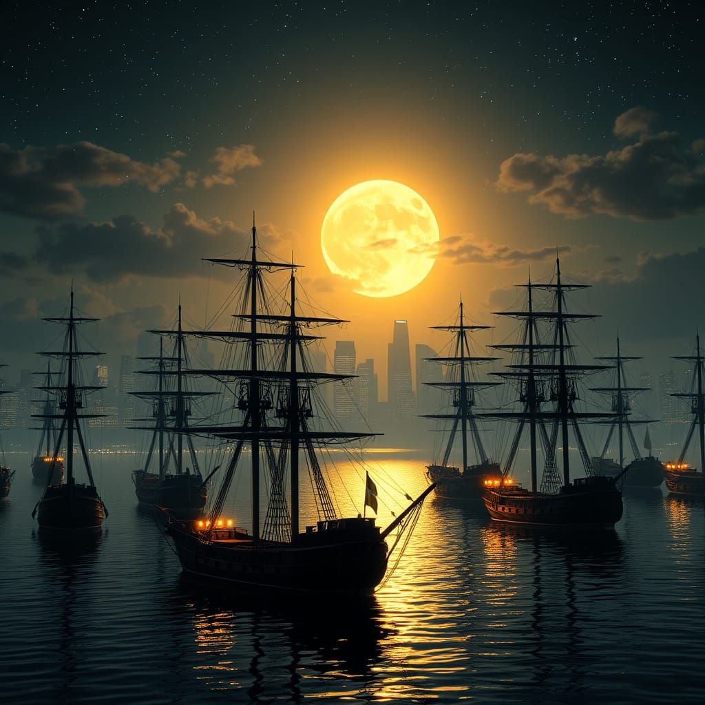Moonlit Harbor with Tall Ships and Glowing City