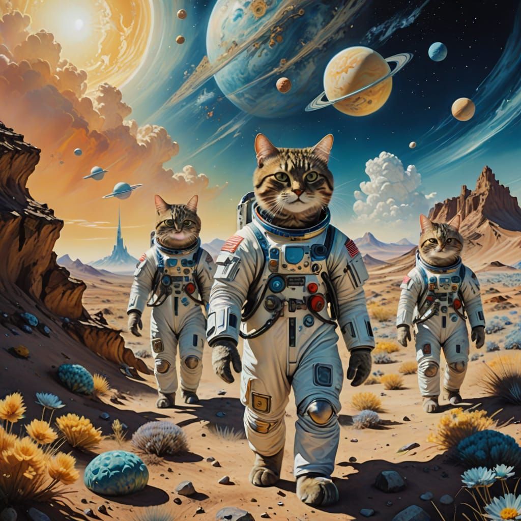 Ethereal Cats Explore Alien World in Dreamlike Oil Painting