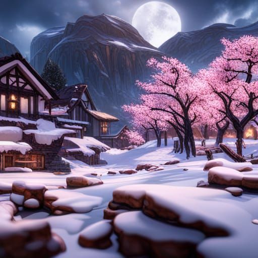 Snowy Village with Cherry Blossoms: Matte Painting