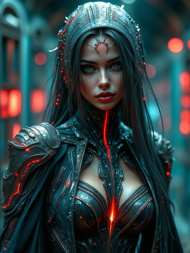 Cyberpunk Warrior Woman in Dark Surreal Landscape