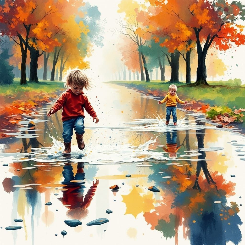 Children Splashing: Autumnal Splash Art in Acrylic and Water...