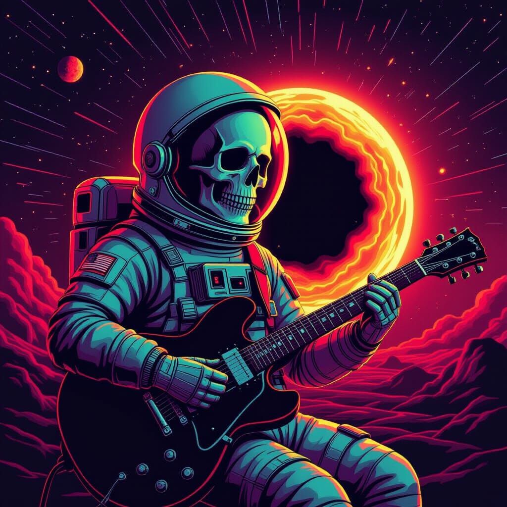 Astronaut Skull Guitarist Plays Before Fiery Black Hole