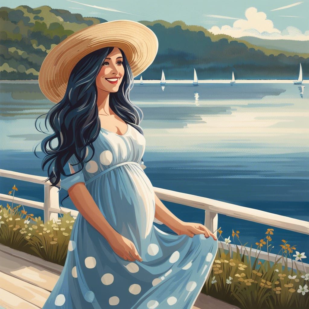 Smiling Blue-Haired Girl at Lakeside in Summer Dress
