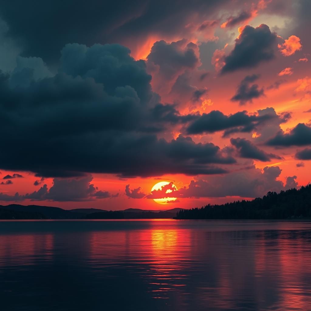 Fiery Sunset Clash with Ominous Storm Clouds