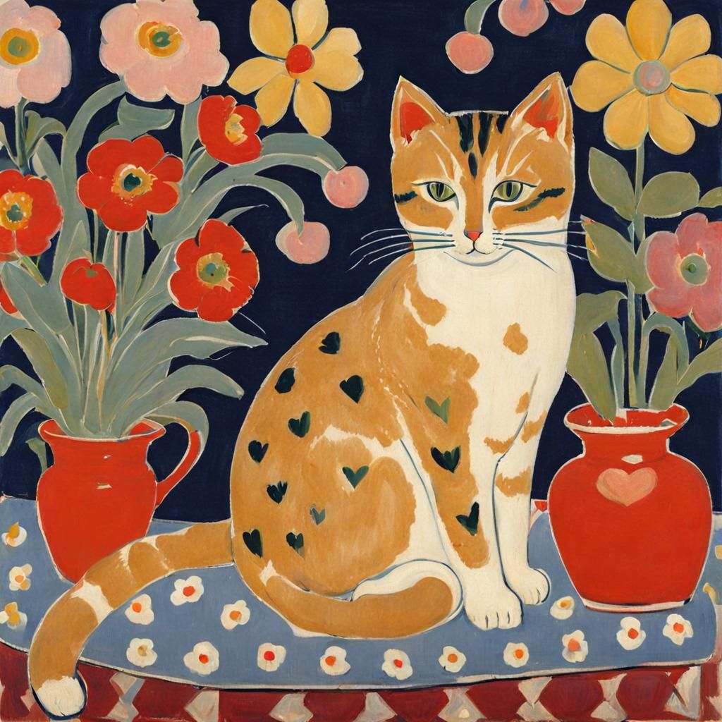 Cat Surrounded by Flowers in Modernist Style