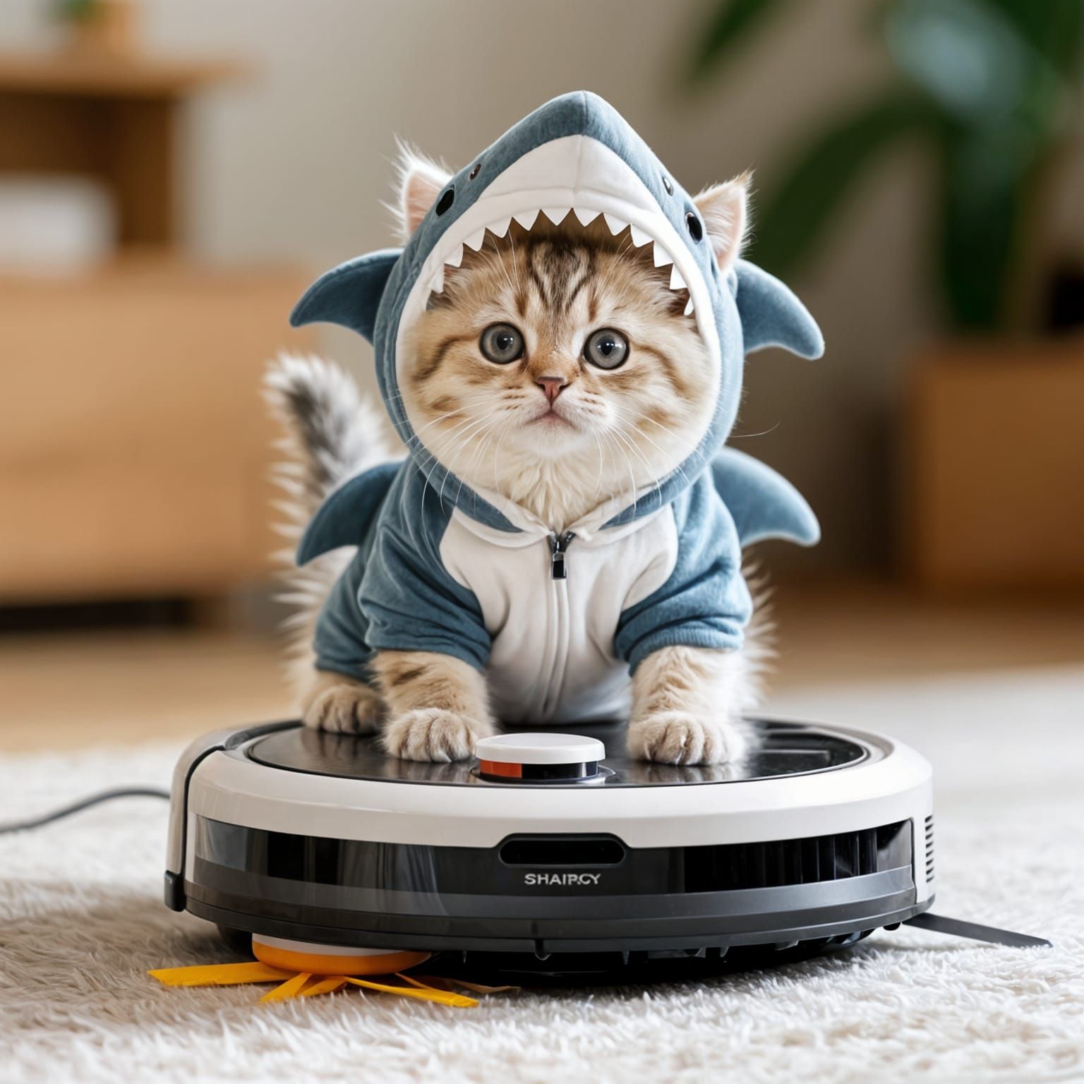 Fluffy Baby Cat Rides Shark-Suit on Vacuum Cleaner