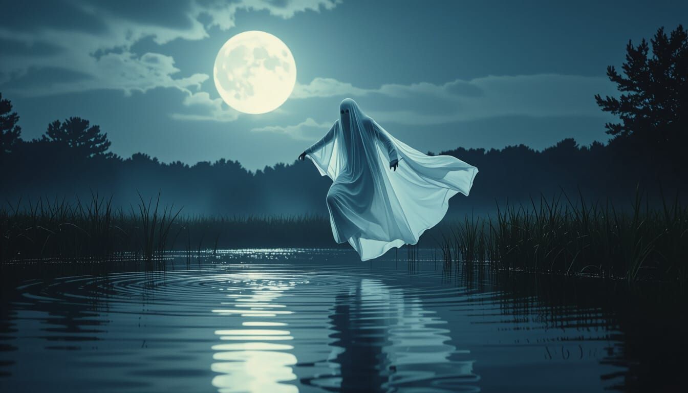 Ethereal Ghost Leaps Across Moonlit Pond