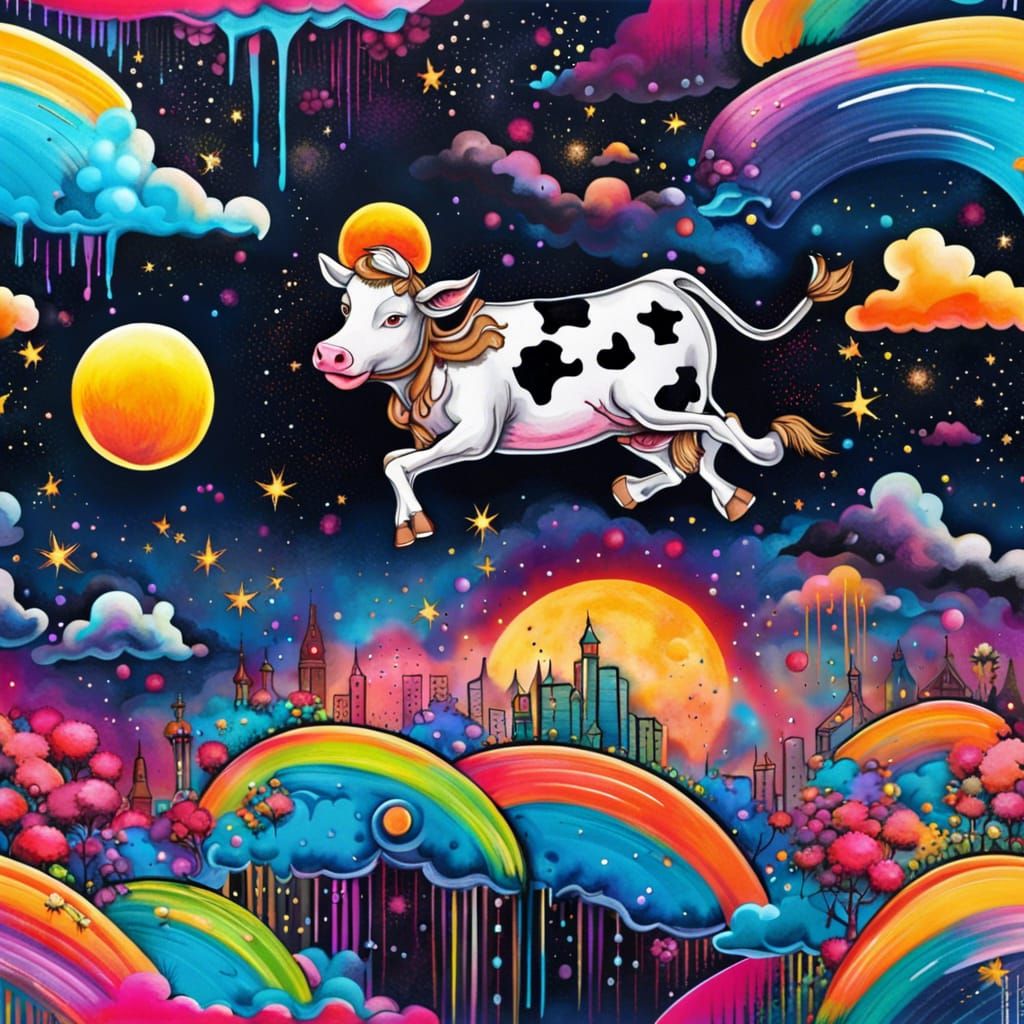 Whimsical Cow Jumps Over Moon in Graffiti Art