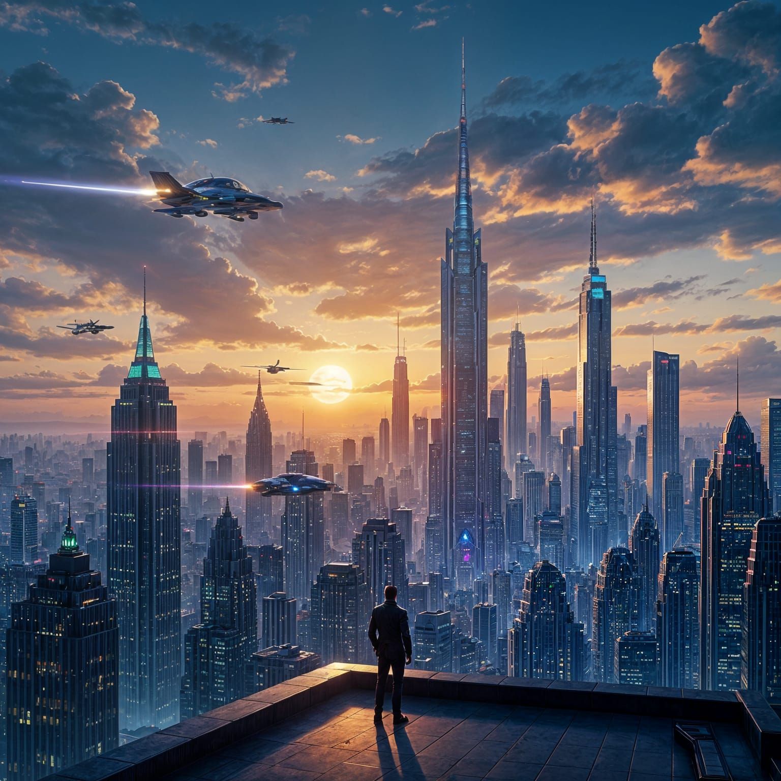 Retro-Futuristic City Skyline at Dusk with Flying Cars