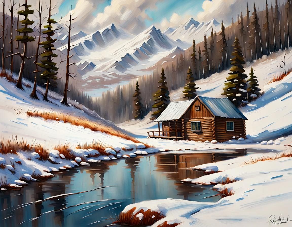 "Textured Speedpaint" rolling landscape with rustling water through the winter's snow and cabin nearby