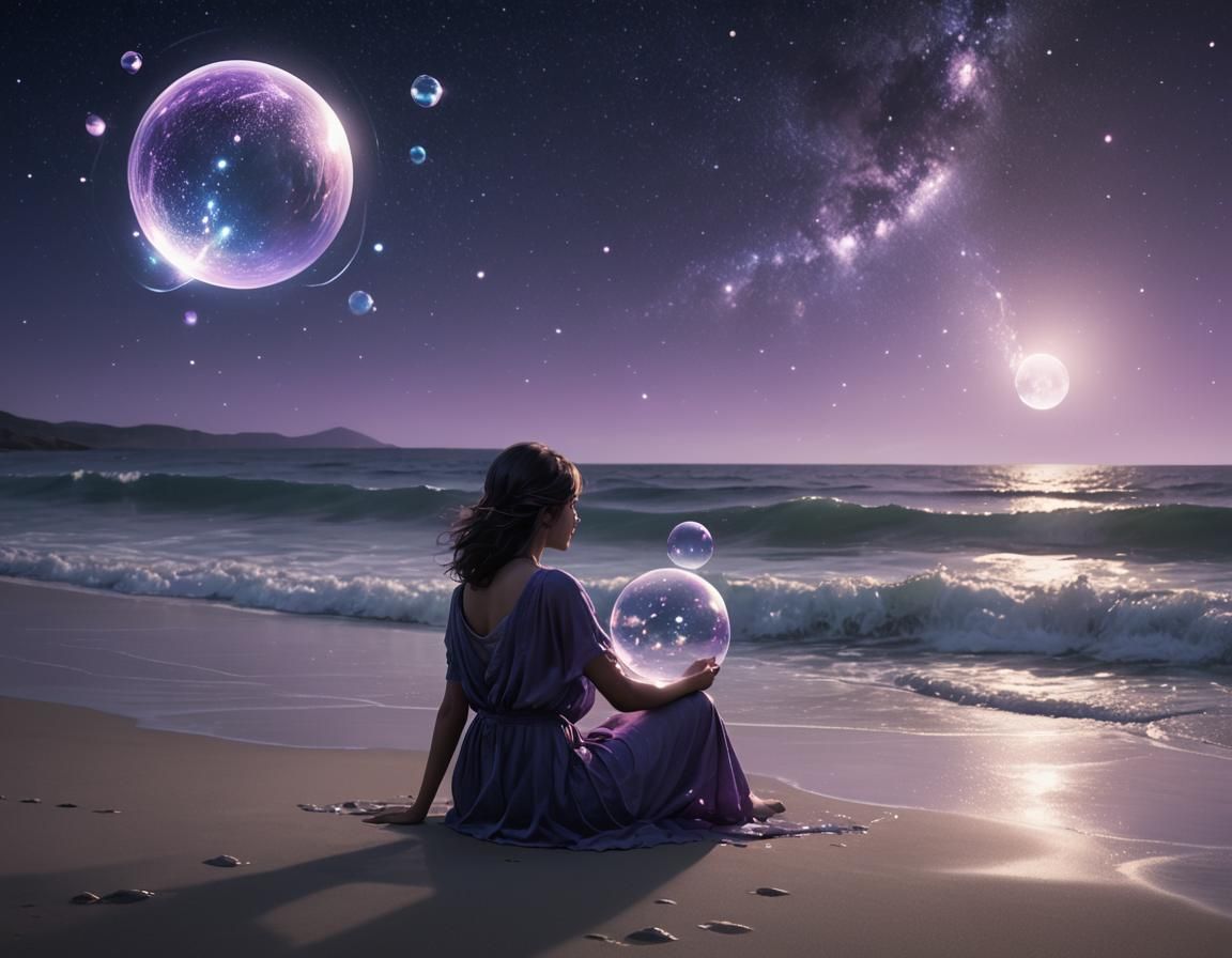 Dreamy Beach Scene with Starlight Bubble in Cosmic Surrealis...