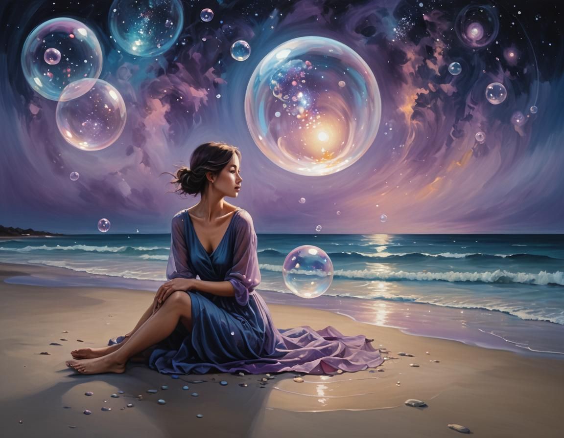 Dreamlike Beach Scene with Bubble Galaxy Reflection