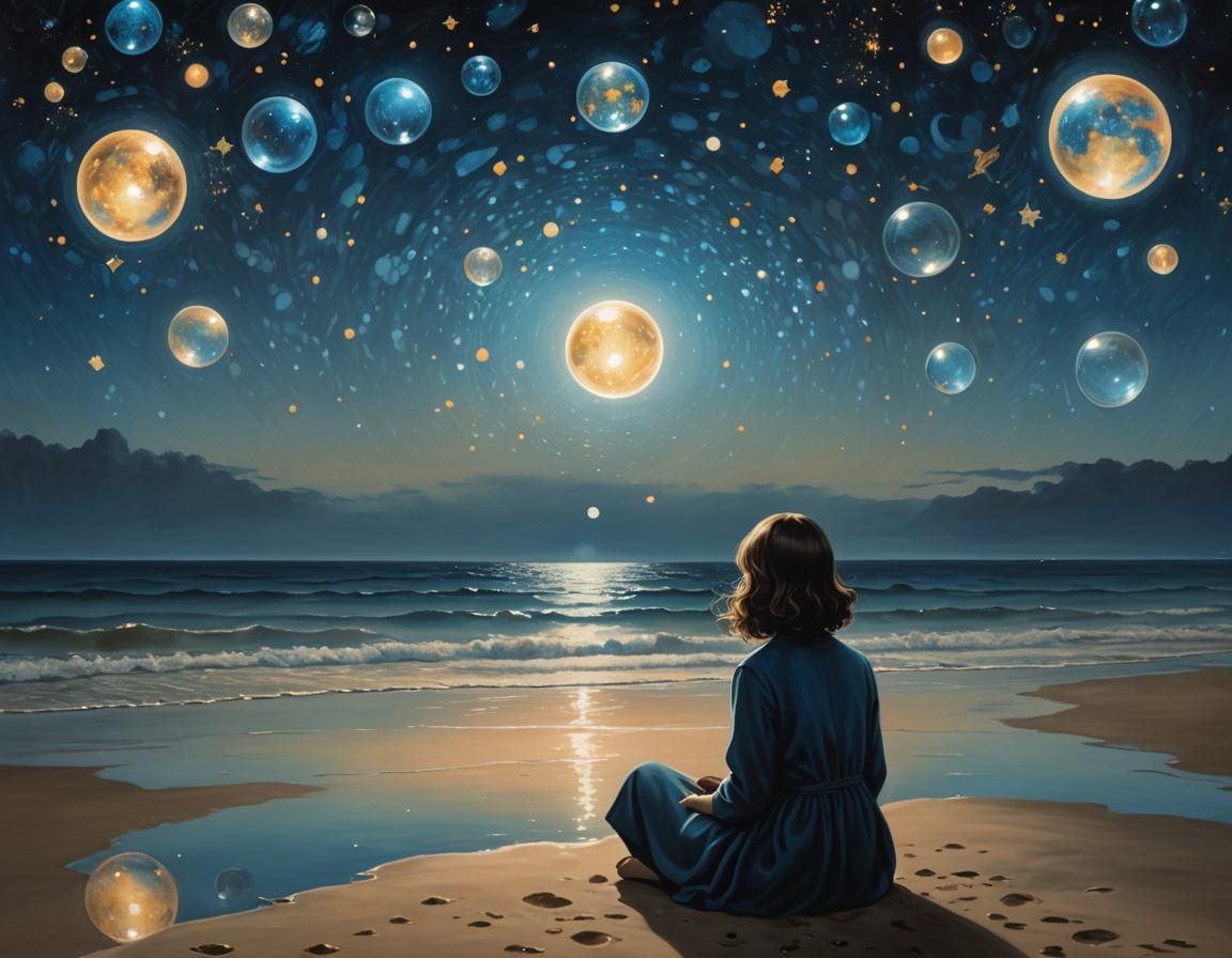 Surreal Galaxy Reflection on Beach at Night