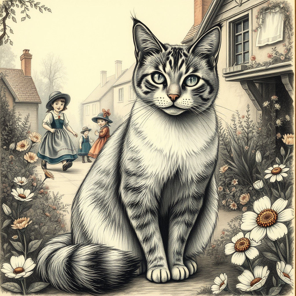Cat in Garden, German Romantic Illustration Style