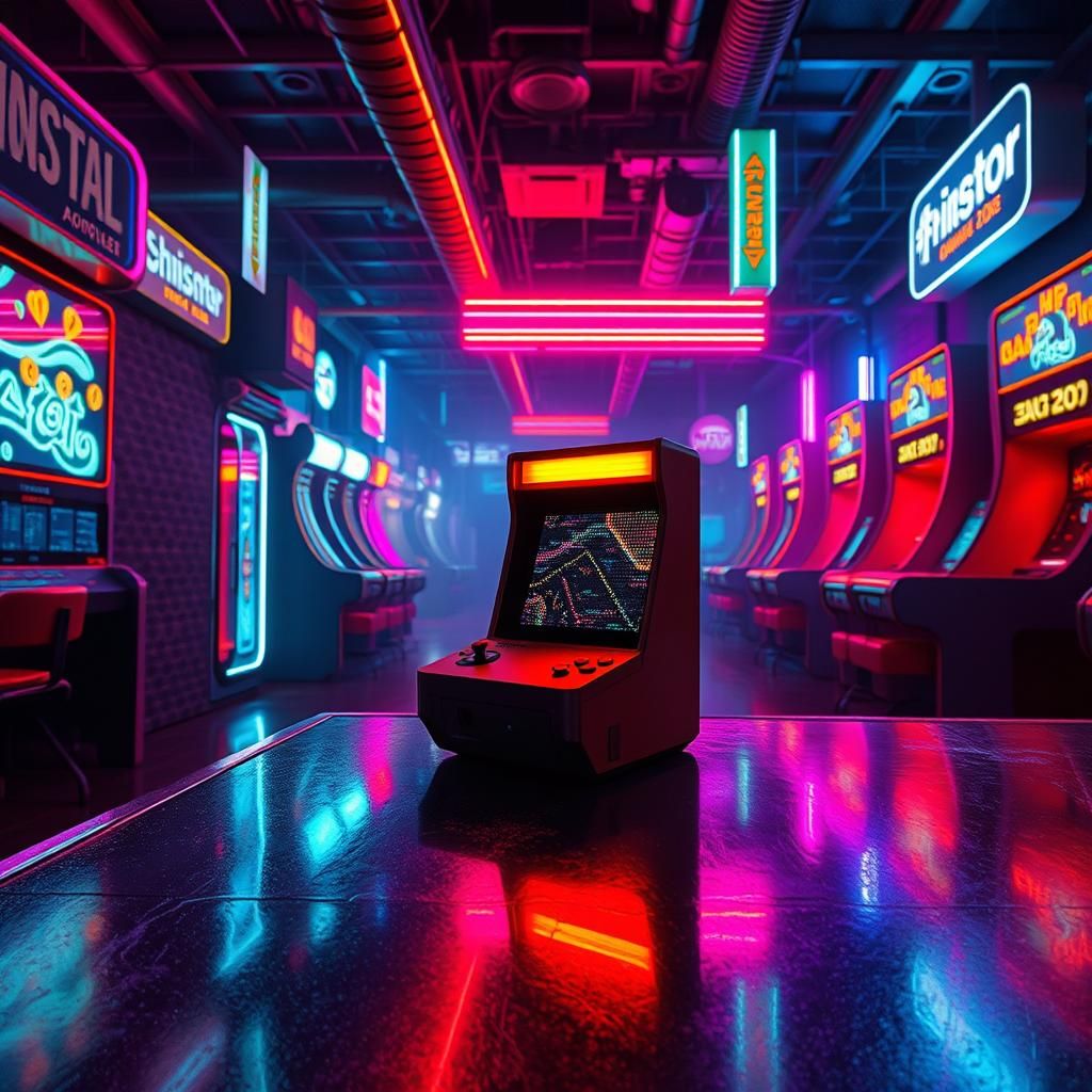Retro Gaming Console in Neon Cyberpunk Arcade
