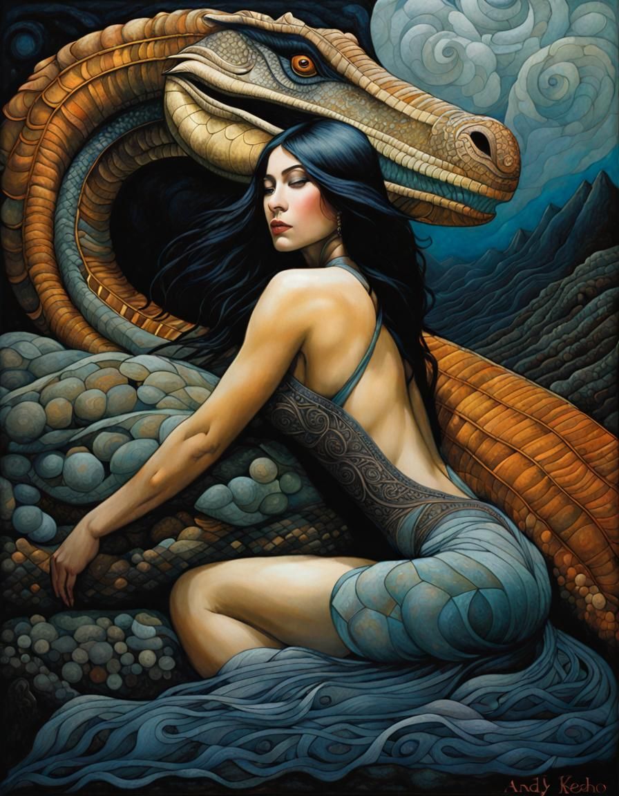 Muscular Woman with Dinosaur Pet, Oil Painting