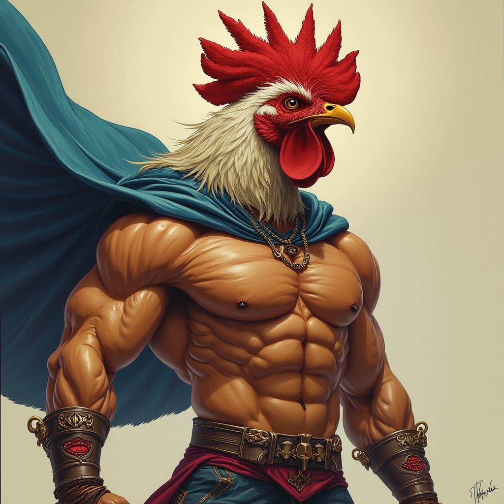 Muscular Rooster-Man Superhero in Digital Painting Style