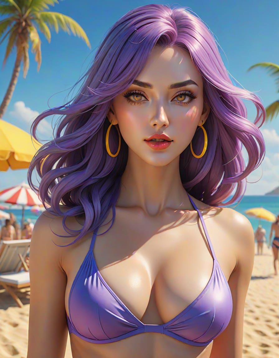 Purple-Haired Woman on Sunny Beach in Gouache Style