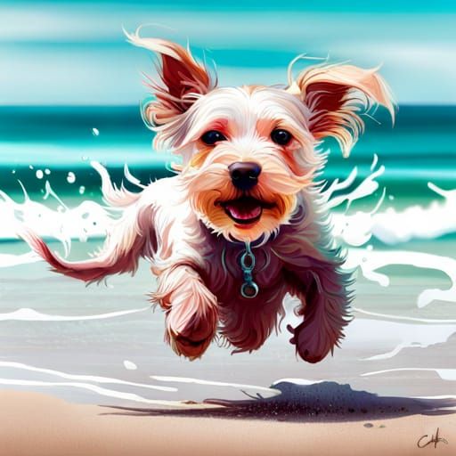 Hyperreal Puppy Portrait on a Sandy Beach