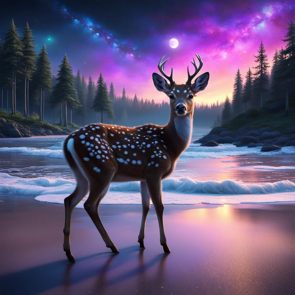 Galaxy Sunset Shines on Beach Fawn