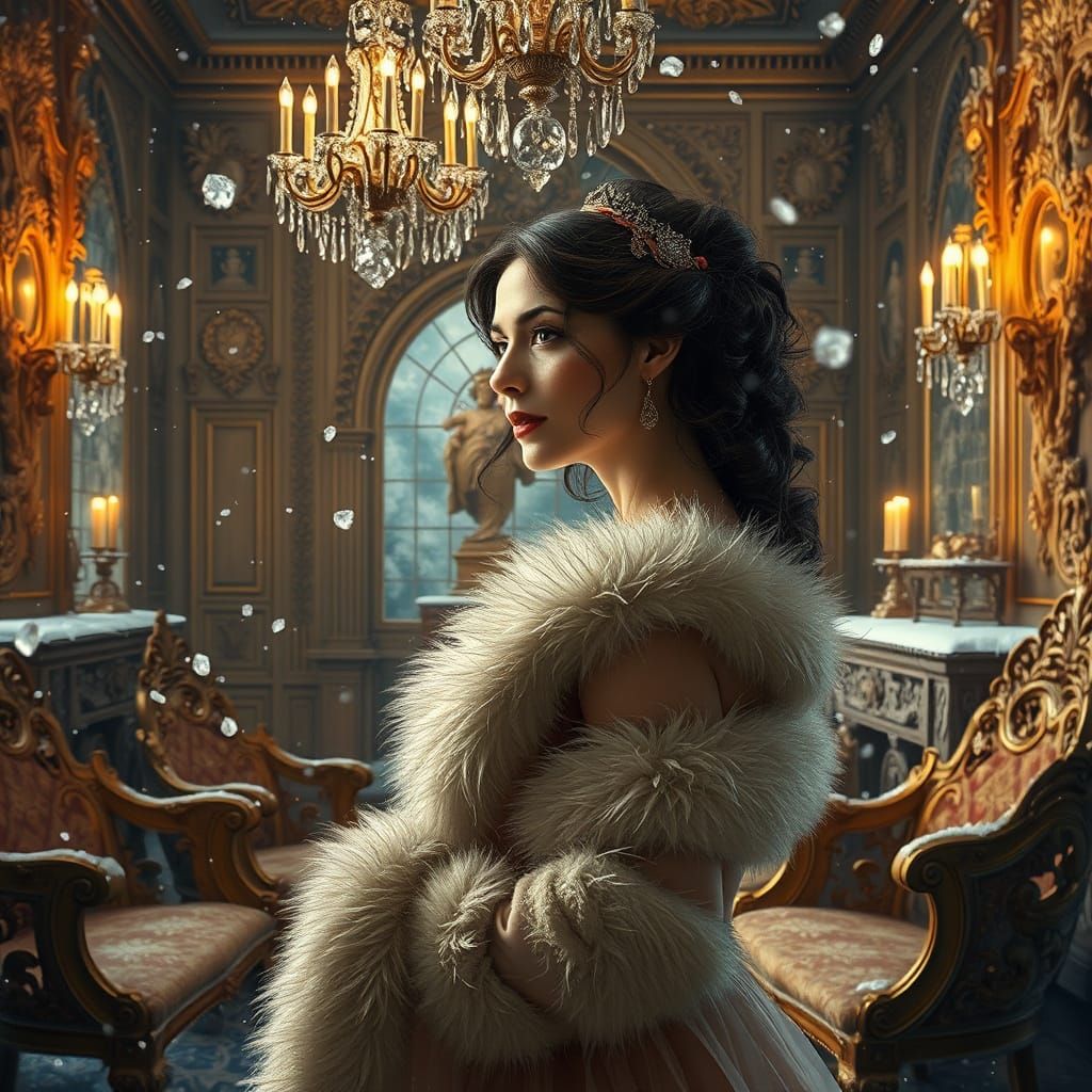 Baroque Winter Room with Woman, Rembrandt Style