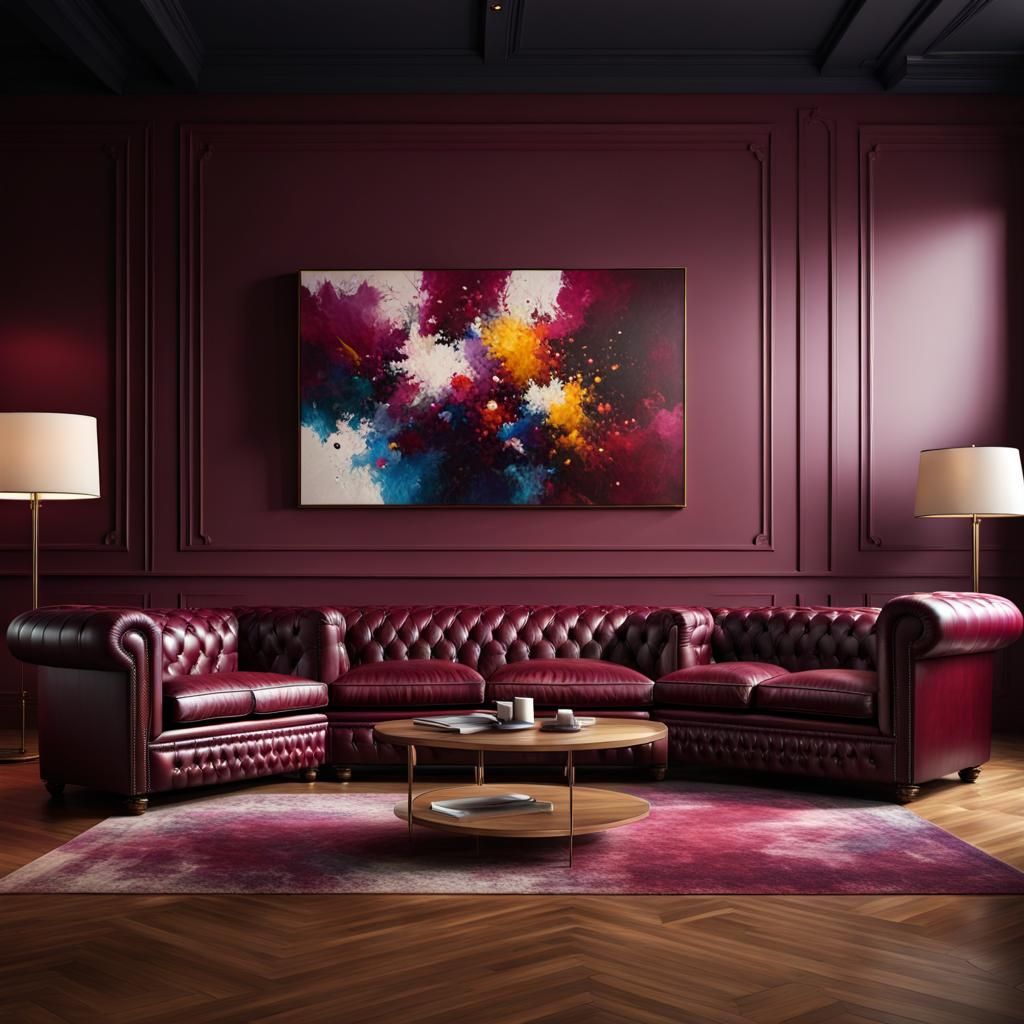 Burgundy Chesterfield Sofas in Hyperrealistic Lounge