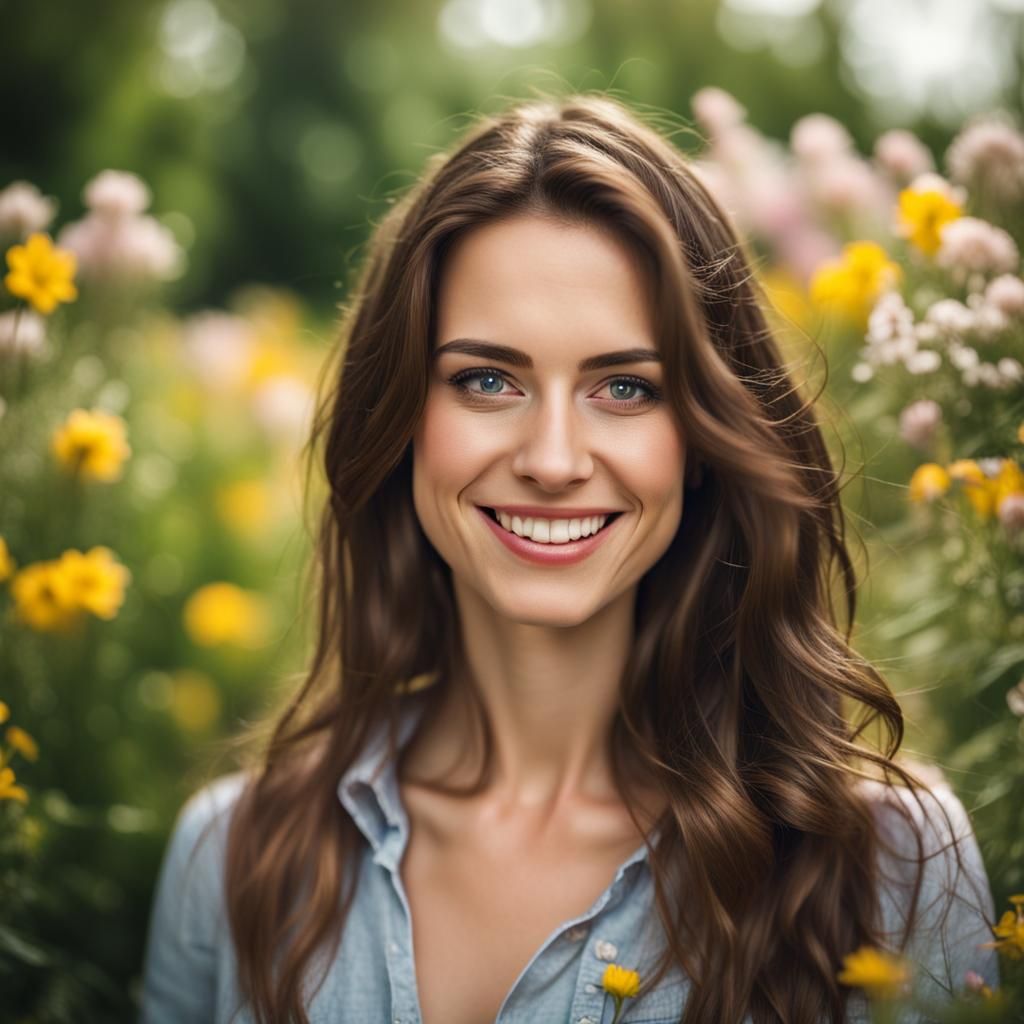 Brunette Smiles in Flower Garden: Professional Photography