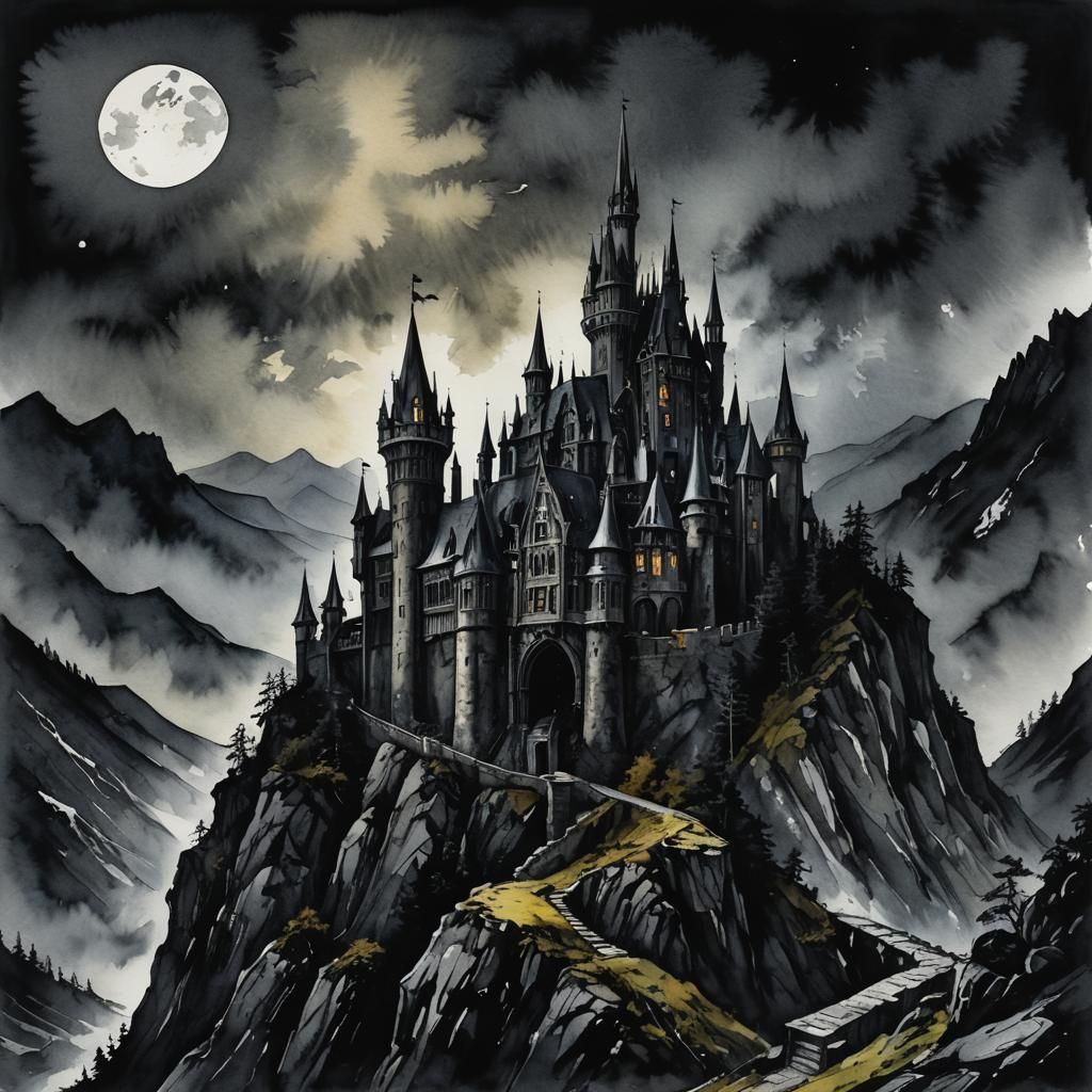 Gothic Darkwave Castle Watercolor Mixed Media Painting