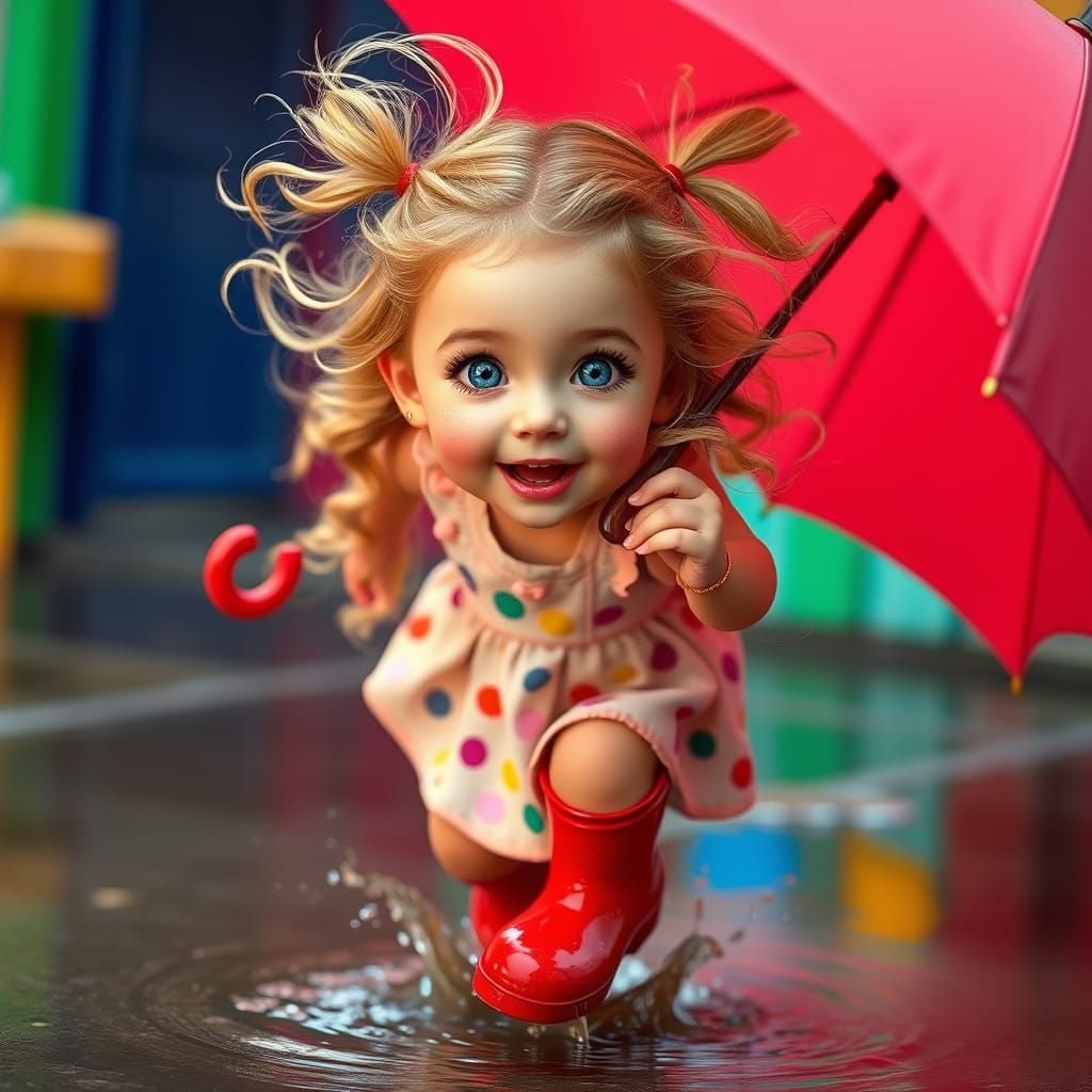 Joyful Girl Jumps in Puddle, Surrounded by Vibrant Colors