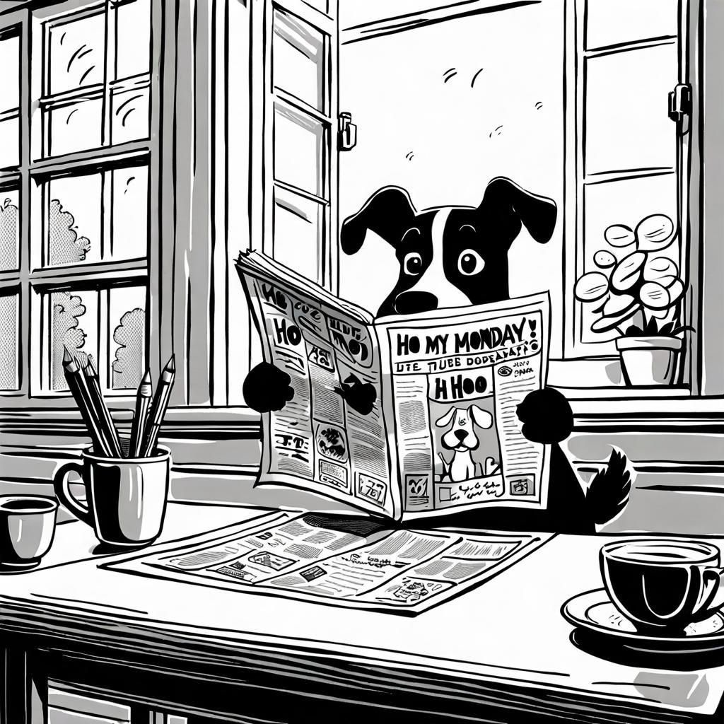 Cartoon Clues Dog Reads Newspaper in Cozy Kitchen