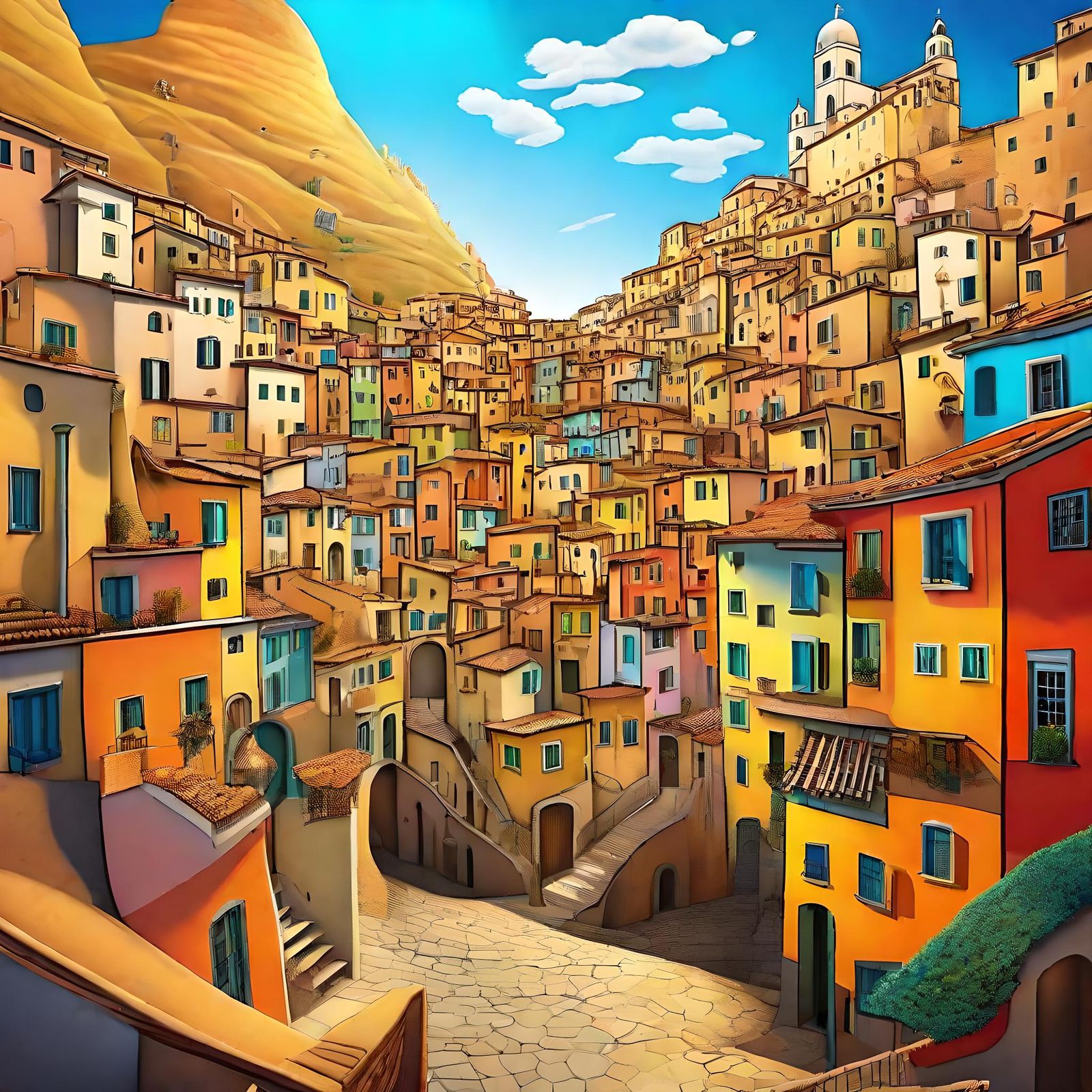 Surreal Italian Hill Town in Maximalist Style