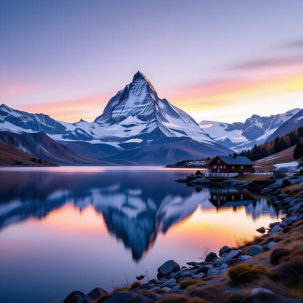 Swiss Alps Panorama at Dawn: Majestic Mountains Reflected in...