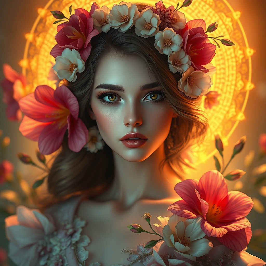 Dreamlike Flower Girl Portrait in Art Nouveau Style