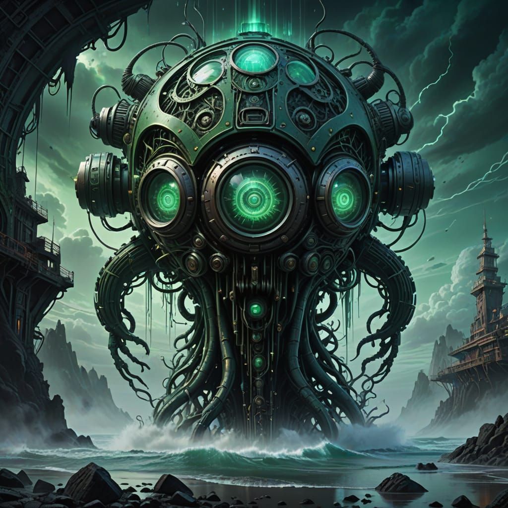 Majestic Biomechanical Vessel Suspended Above Turbulent Wave...