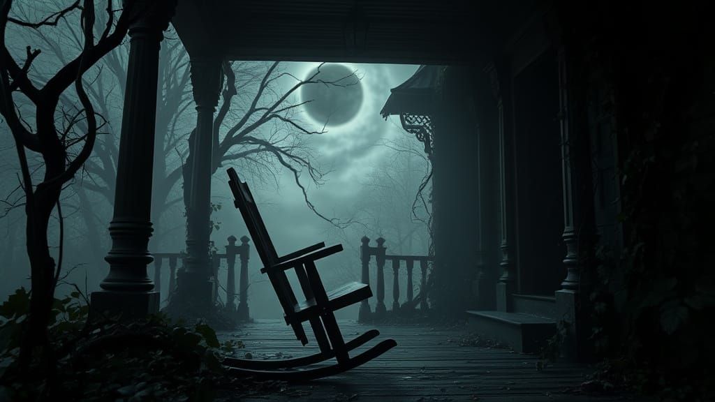 Haunted Rocking Chair on Dilapidated Mansion Porch