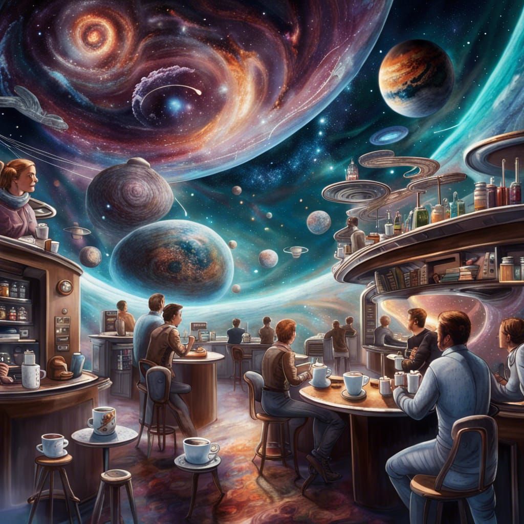 Cosmic Coffee Shop Amidst Nebulae, Hyperrealistic