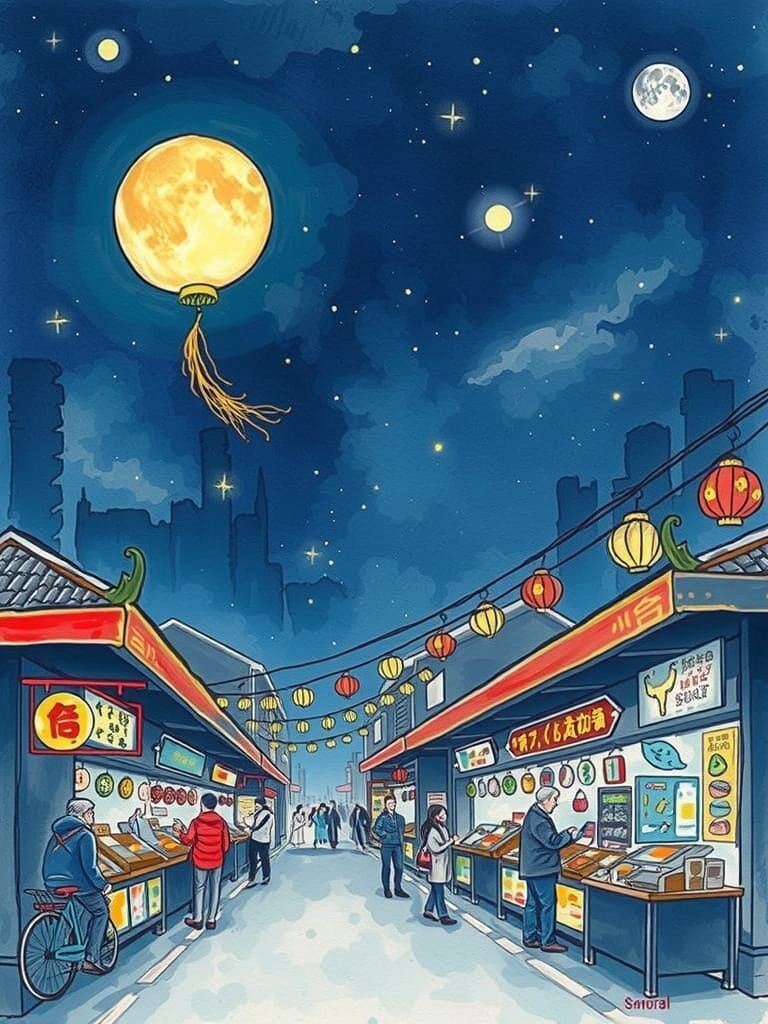 Whimsical Night Market Scene in Watercolor Style