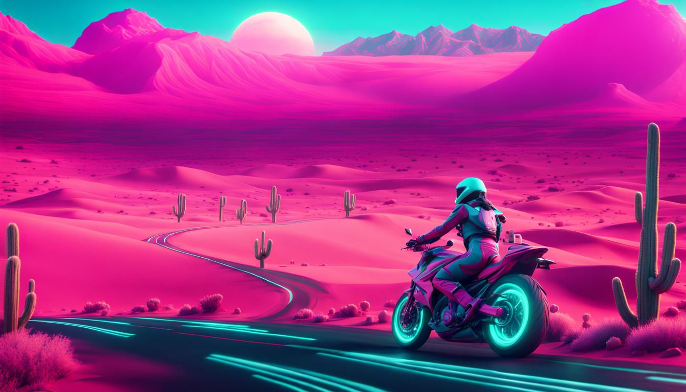 Pink Motorcycle Races Across Neon Desert Sunset