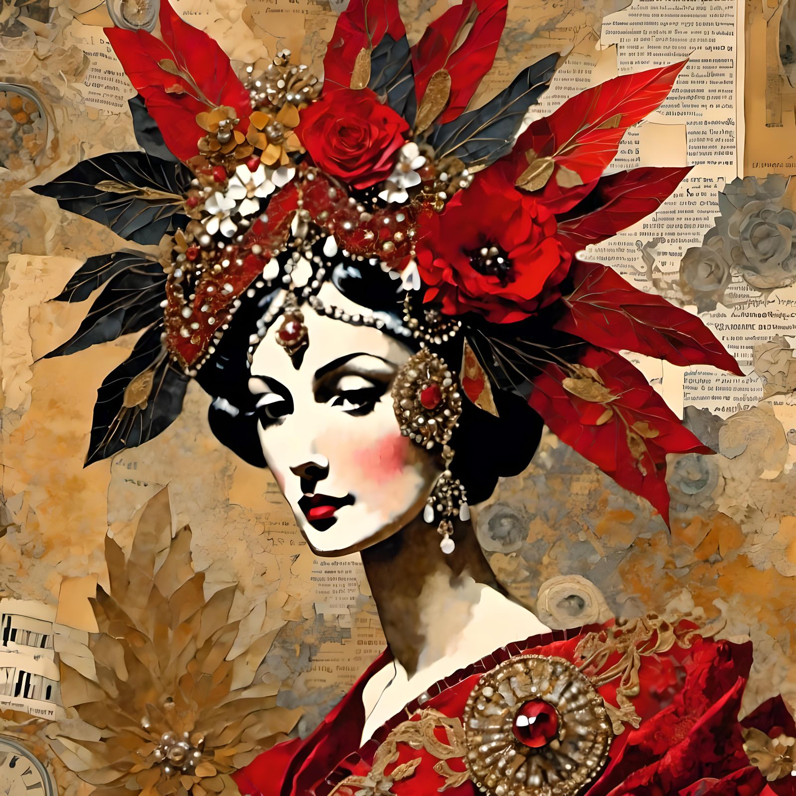 Red Art Deco Gown in Mixed Media Collage