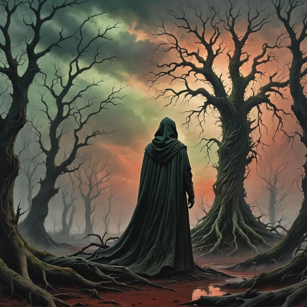 Eerie Cloaked Figure in Dark Fantasy Landscape