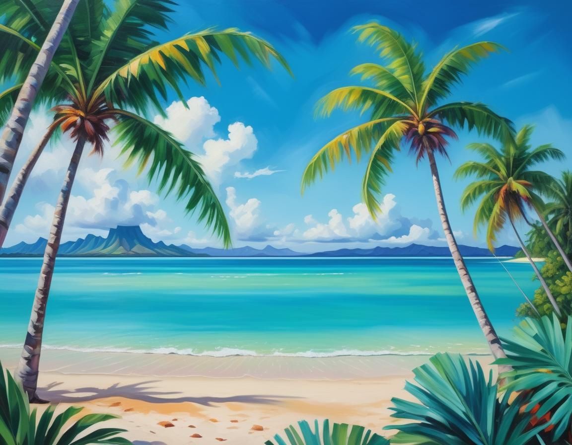Polynesian Beach: Dreamy Fauvist Oil Painting